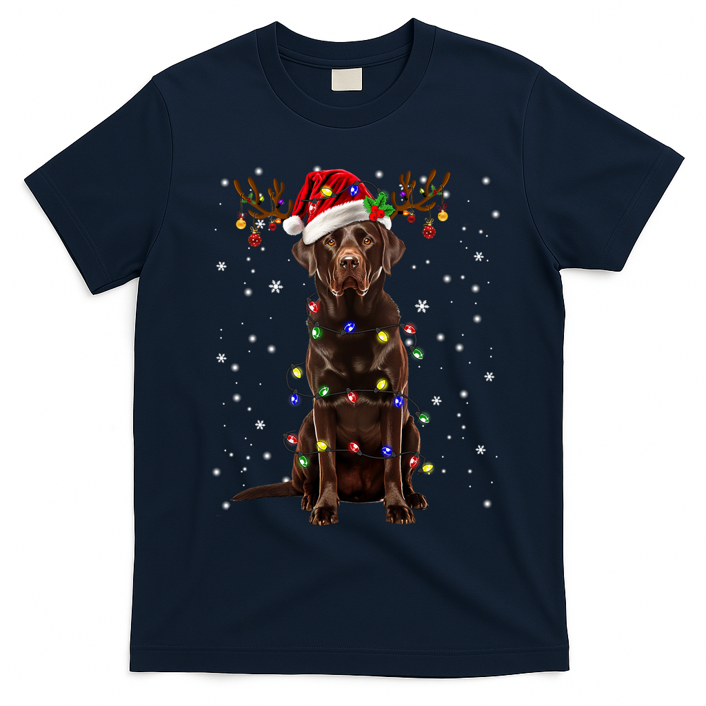 Chocolate Lab Labrador Christmas Tree Light Pajama Dog Xmas T-Shirt - Navy Blue