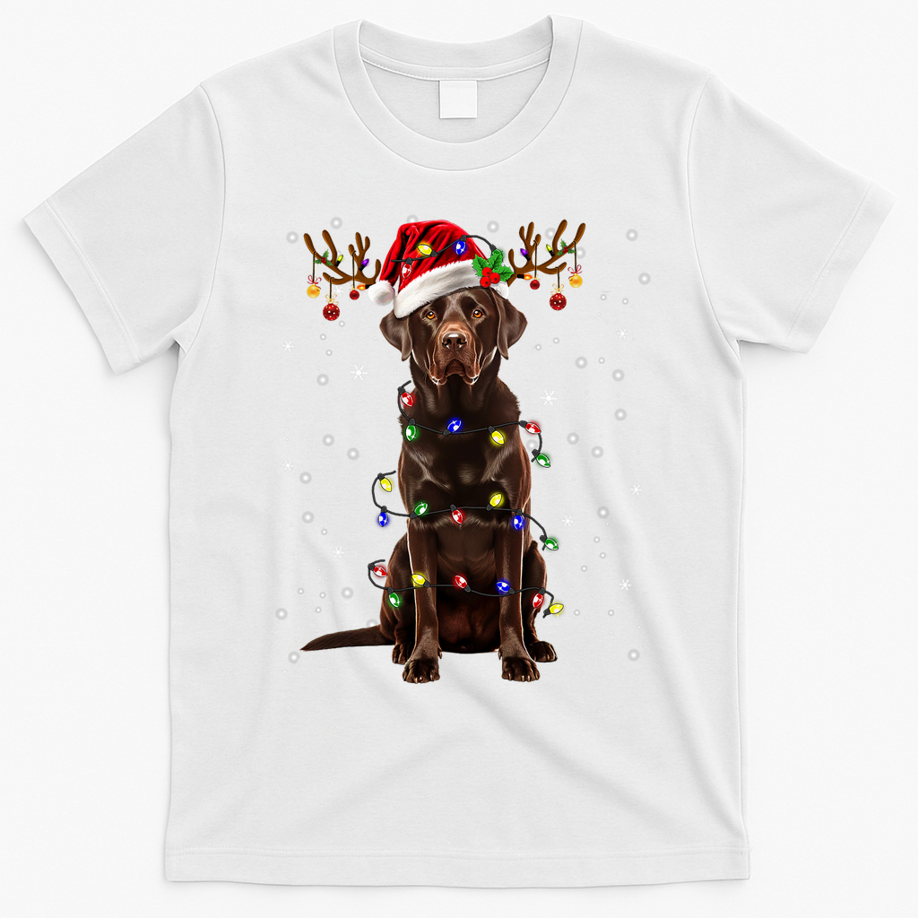 Chocolate Lab Labrador Christmas Tree Light Pajama Dog Xmas T-Shirt - White