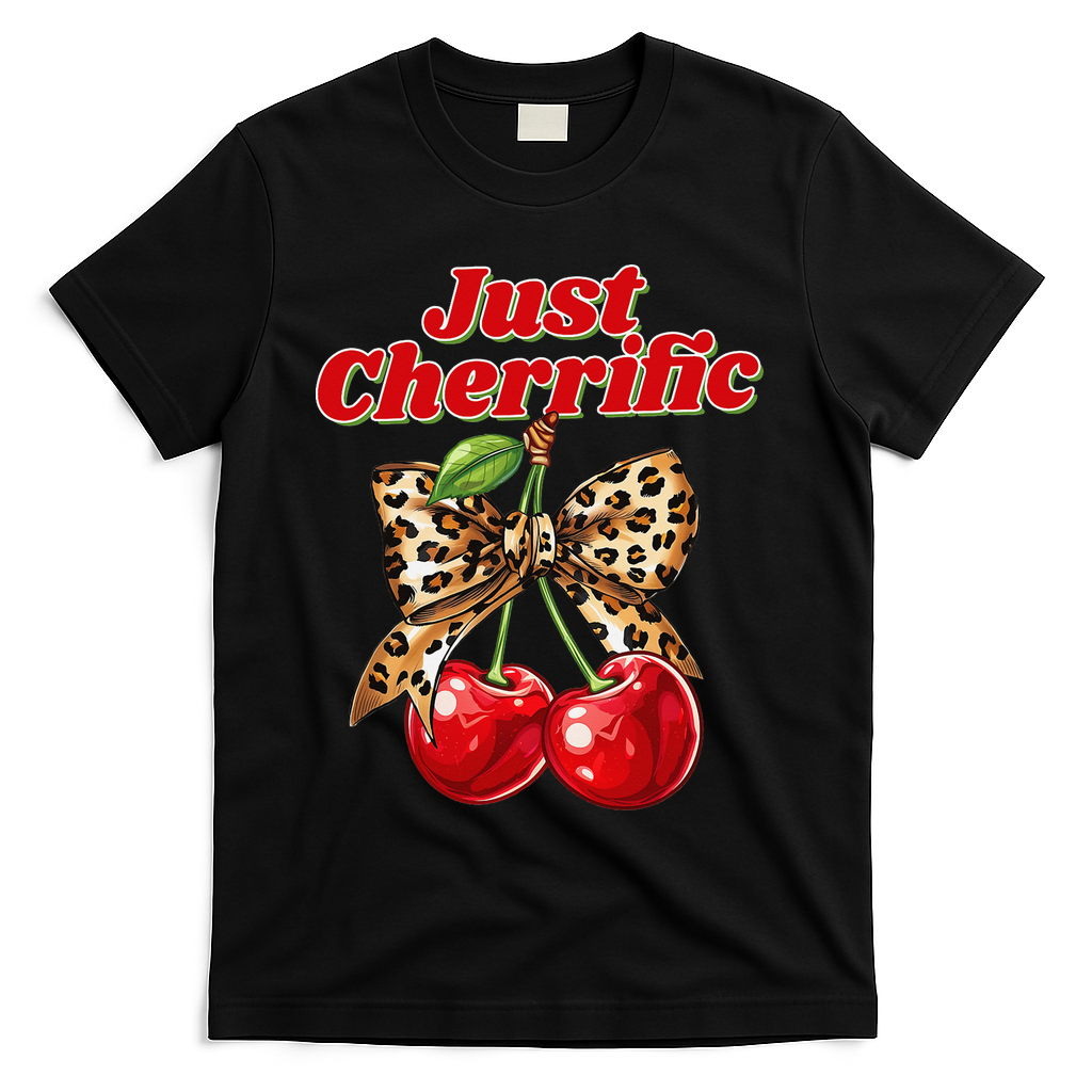 Cherry Lover Leopard Print Coquette Summer Just Cherrific T-Shirt - Black