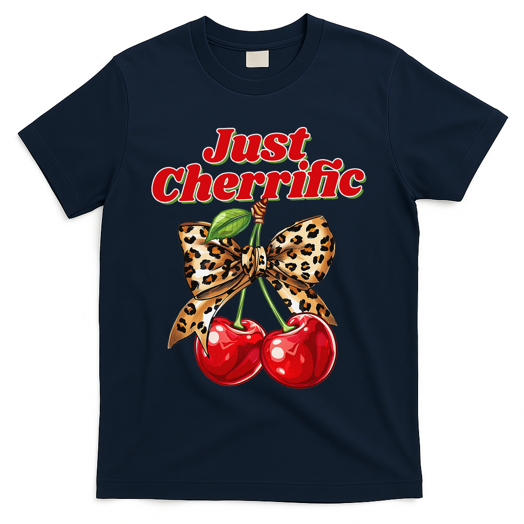 Cherry Lover Leopard Print Coquette Summer Just Cherrific T-Shirt - Navy