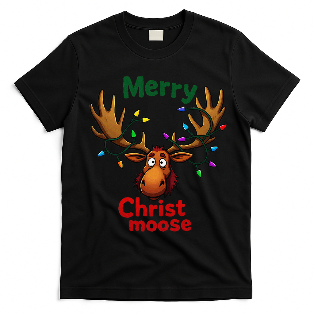 Christmas Lights Moose Merry Christmoose T-Shirt - Black