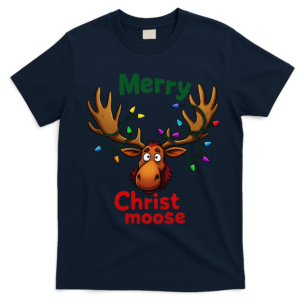 Christmas Lights Moose Merry Christmoose T-Shirt - Navy Blue