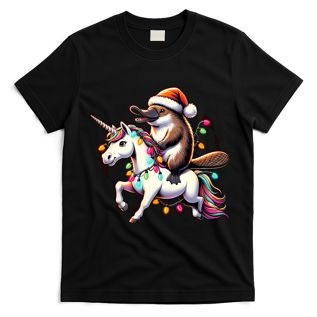 Christmas Lights Platypus Riding Unicorn T-Shirt - Black
