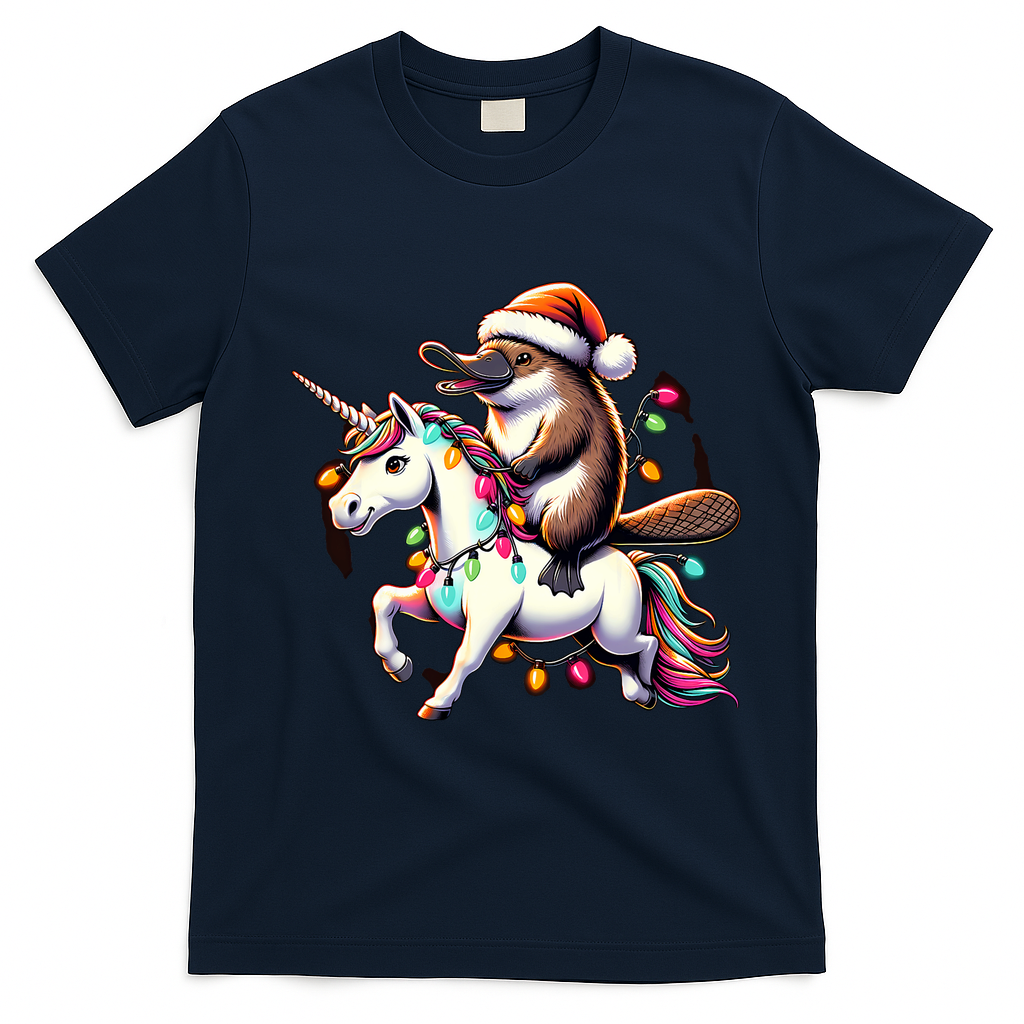 Christmas Lights Platypus Riding Unicorn T-Shirt - Navy Blue