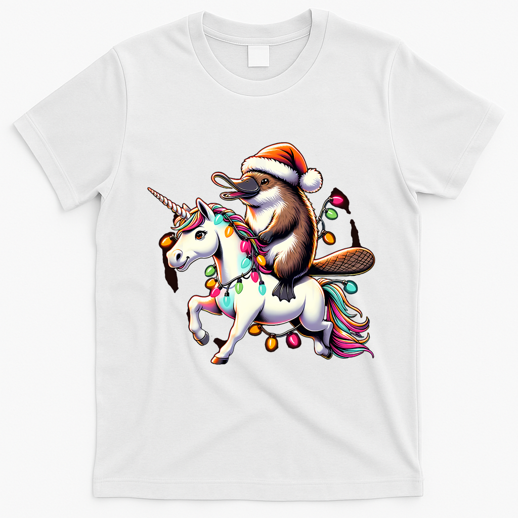 Christmas Lights Platypus Riding Unicorn T-Shirt - White