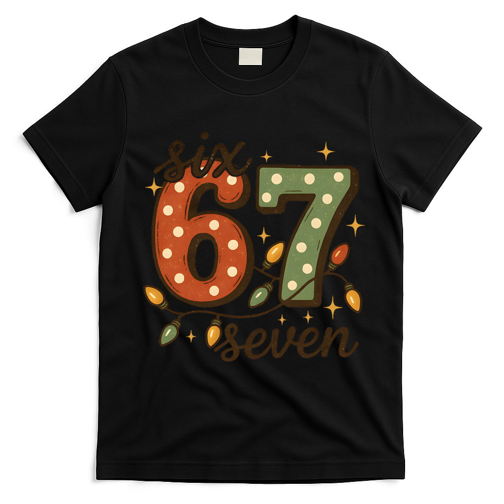 Christmas Lights Six Seven Funny 67 Meme Festive Vintage T-Shirt - Black
