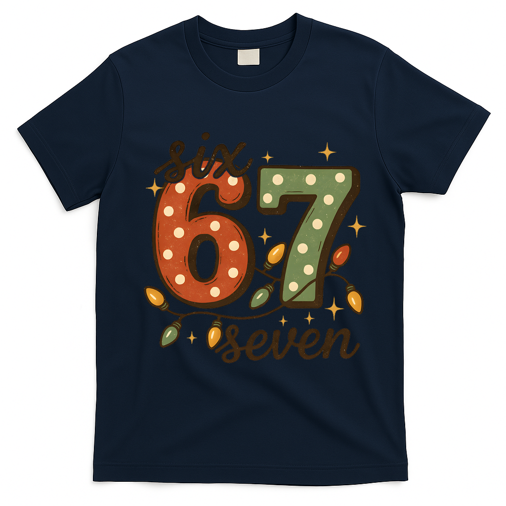 Christmas Lights Six Seven Funny 67 Meme Festive Vintage T-Shirt - Navy Blue