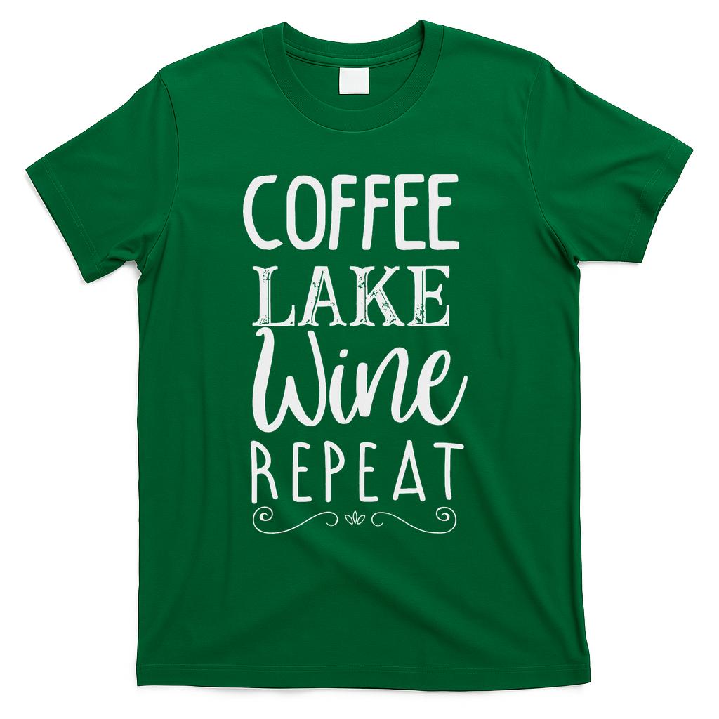 Coffee Lake Wine Repeat, Coffee Lover Lake Summer T-Shirt - Green