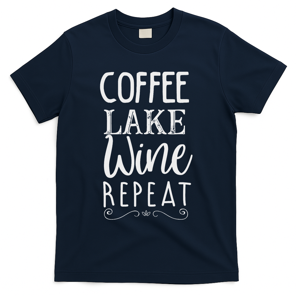 Coffee Lake Wine Repeat, Coffee Lover Lake Summer T-Shirt - Navy