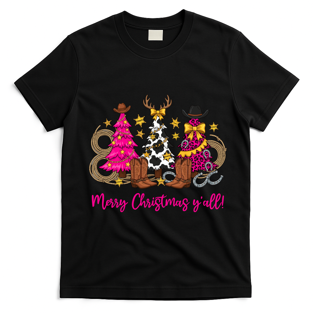Cowgirl Merry Christmas Y'all T-Shirt - Black