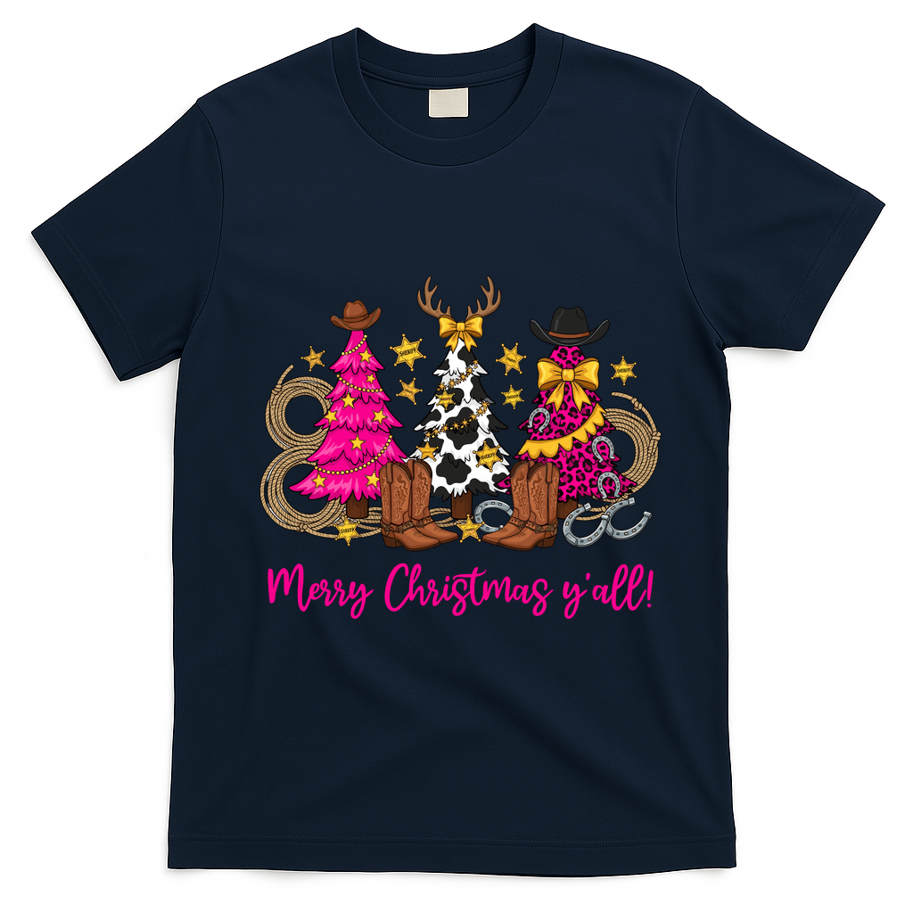 Cowgirl Merry Christmas Y'all T-Shirt - Navy Blue