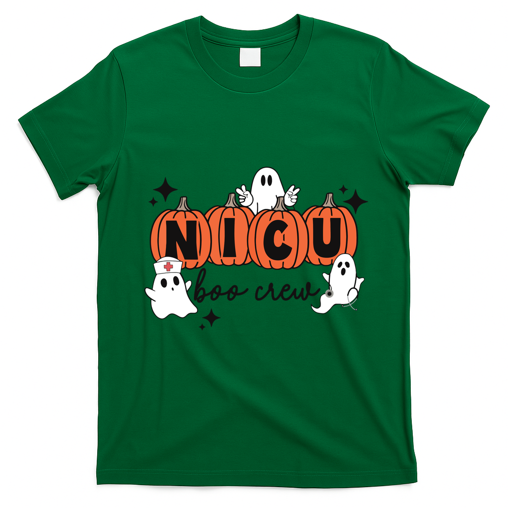 Cute Nicu Boo Crew Spooky Nurse Halloween Cute Ghost Pumpkin T-Shirt - Irish Green