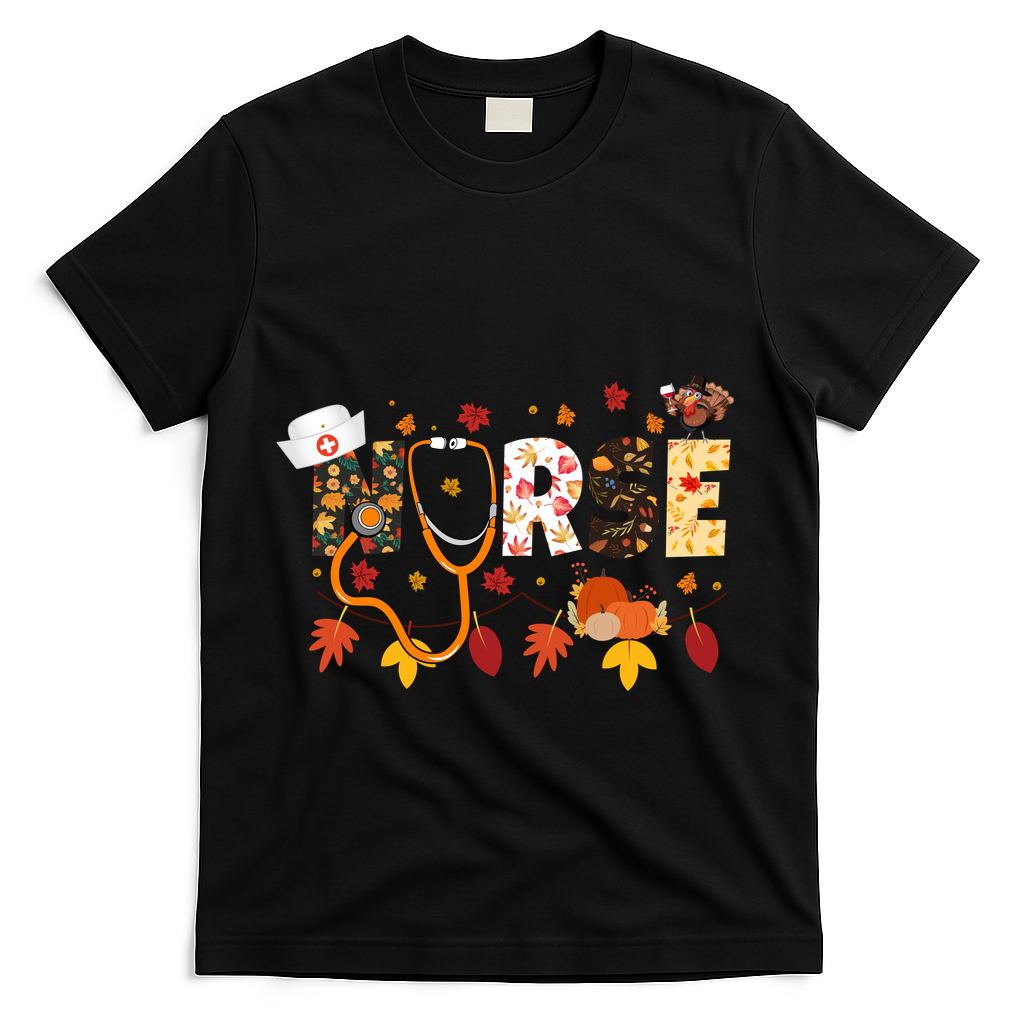 Cute Nurse Fall Thanksgiving Autumn T-Shirt - Black