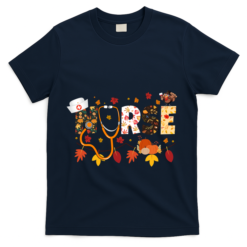 Cute Nurse Fall Thanksgiving Autumn T-Shirt - Navy