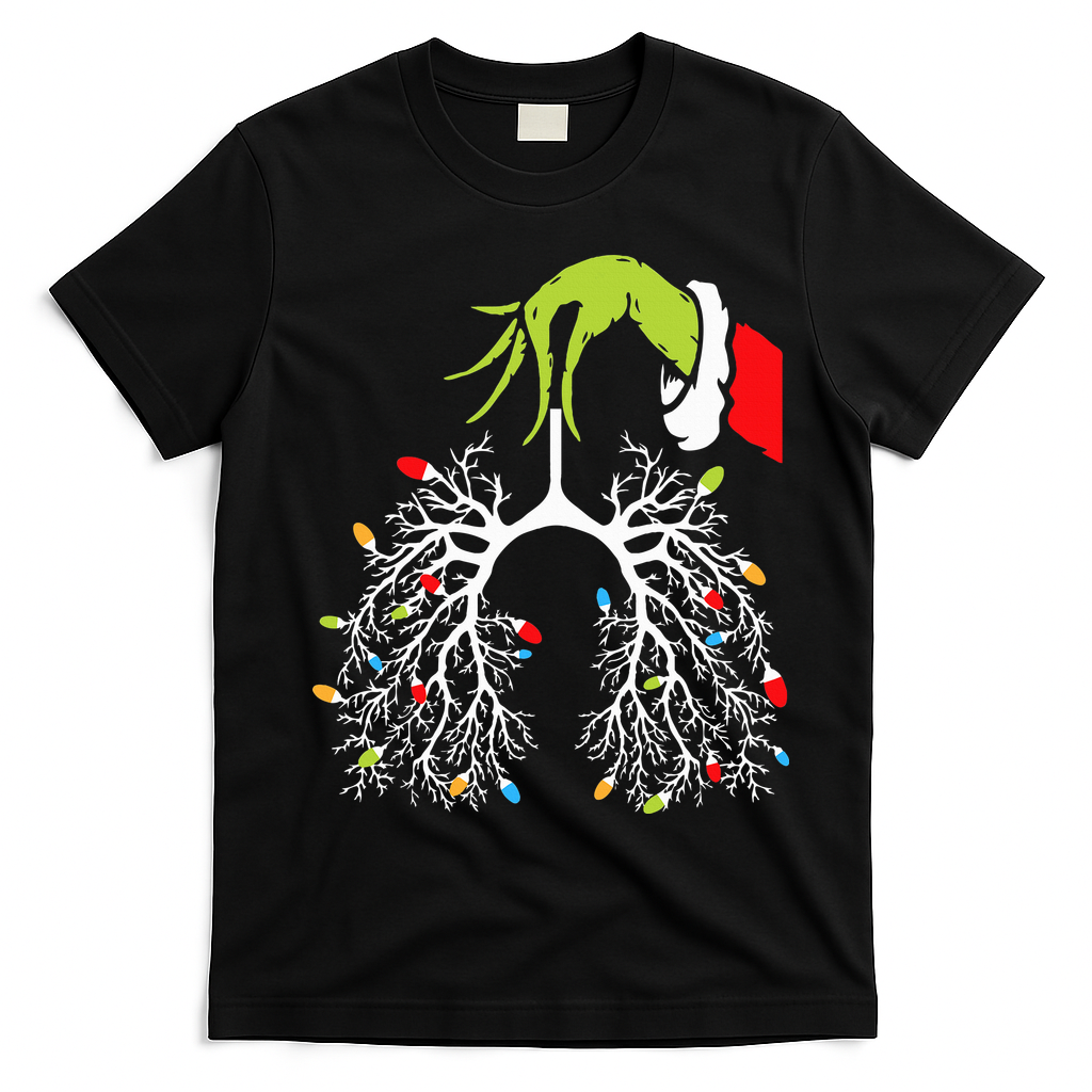 Christmas Nurse Lung Xmas Lights Funny Pulmonologist Xmas T-Shirt - Black