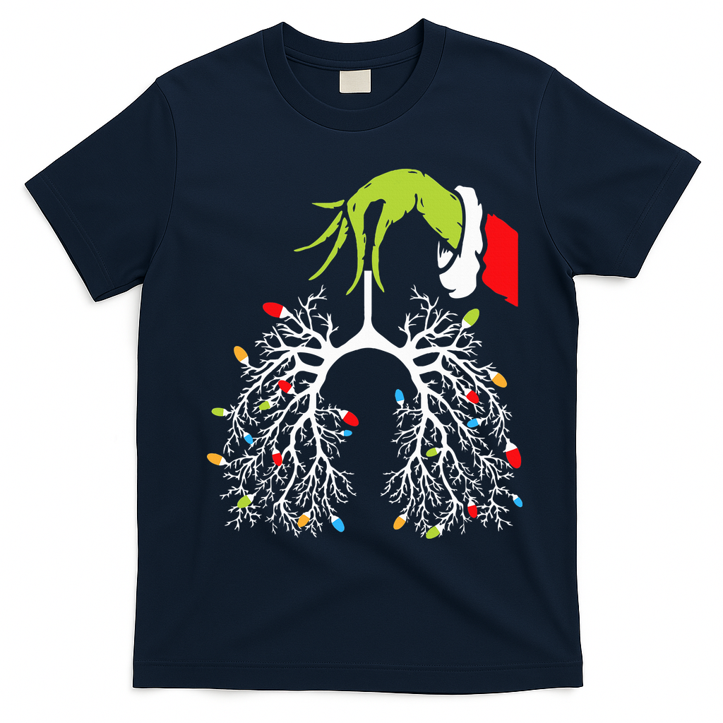Christmas Nurse Lung Xmas Lights Funny Pulmonologist Xmas T-Shirt - Navy Blue
