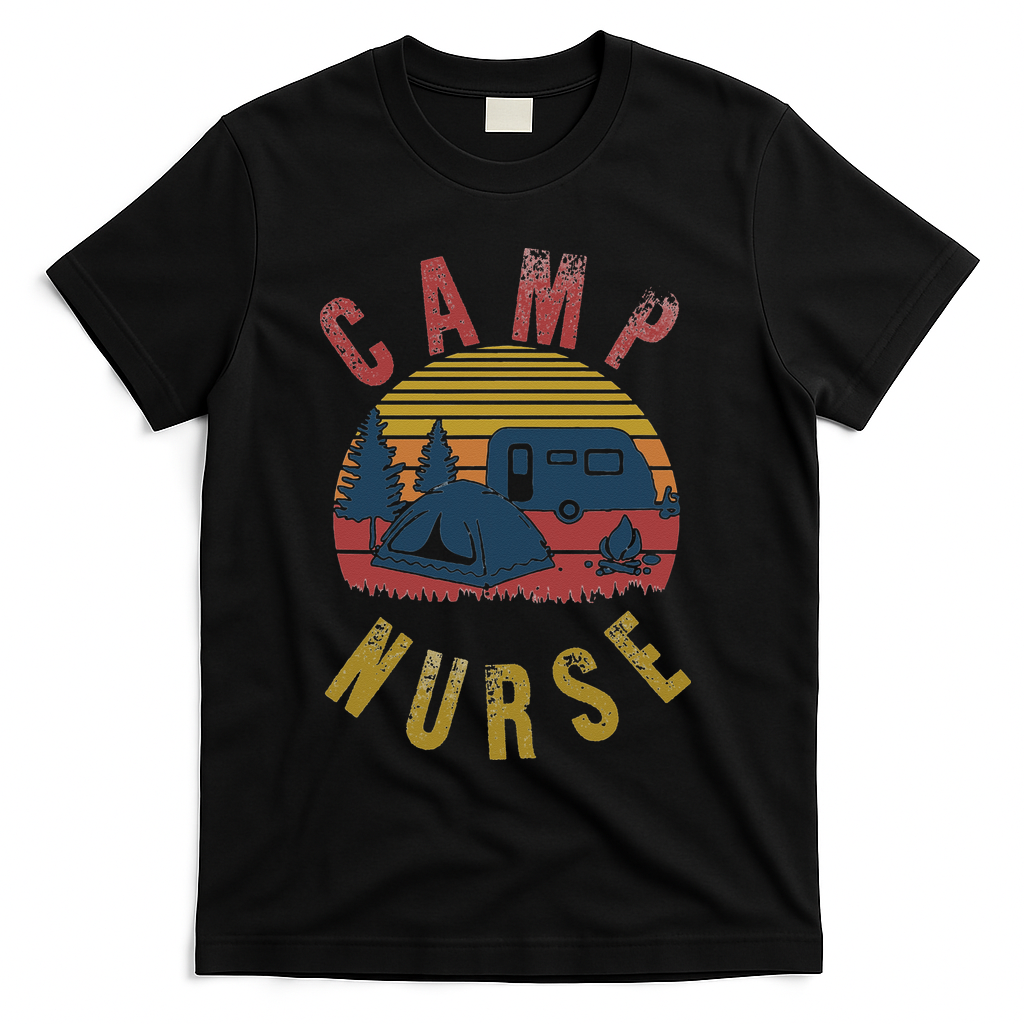 Camp Nurse Nursing Outdoor Summer Camping Retro Sunset T-Shirt - Black