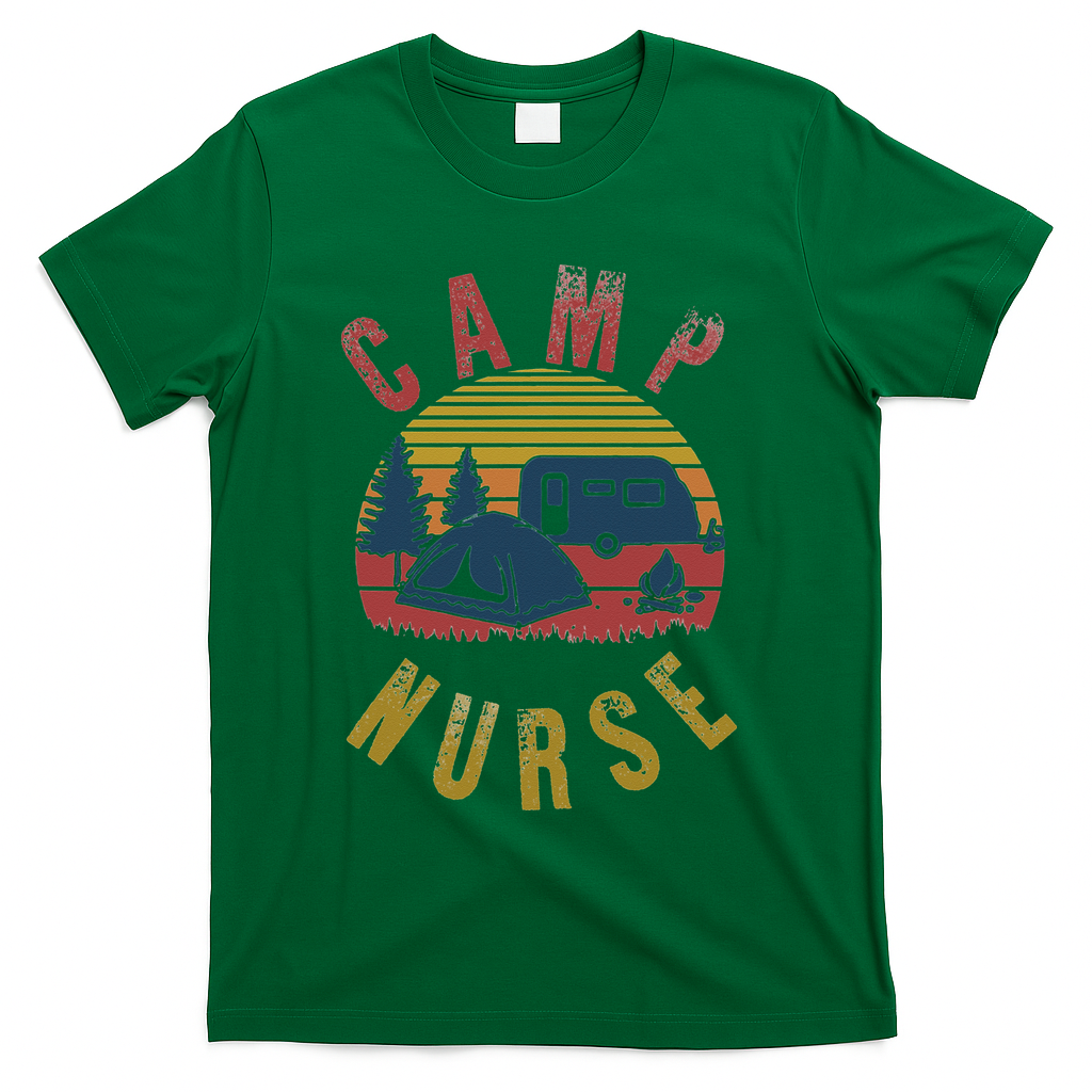Camp Nurse Nursing Outdoor Summer Camping Retro Sunset T-Shirt - Green