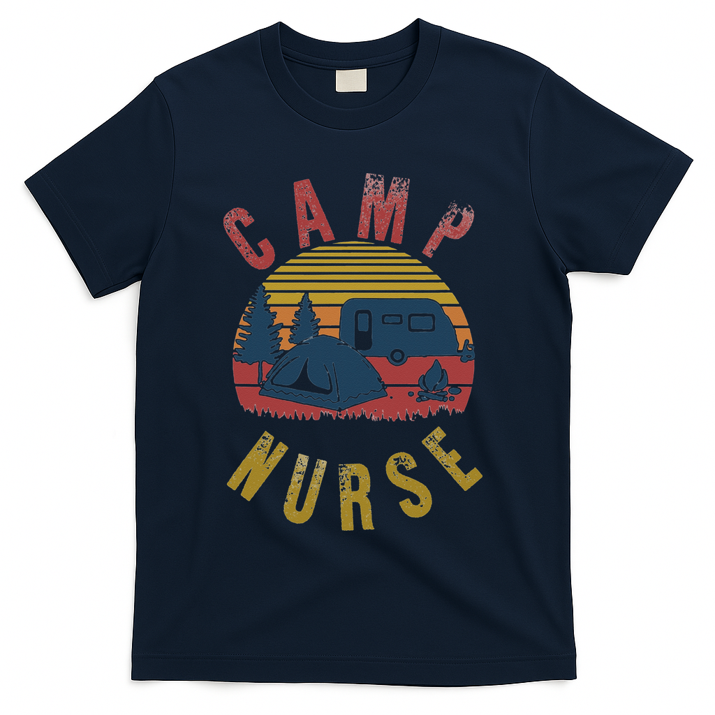 Camp Nurse Nursing Outdoor Summer Camping Retro Sunset T-Shirt - Navy