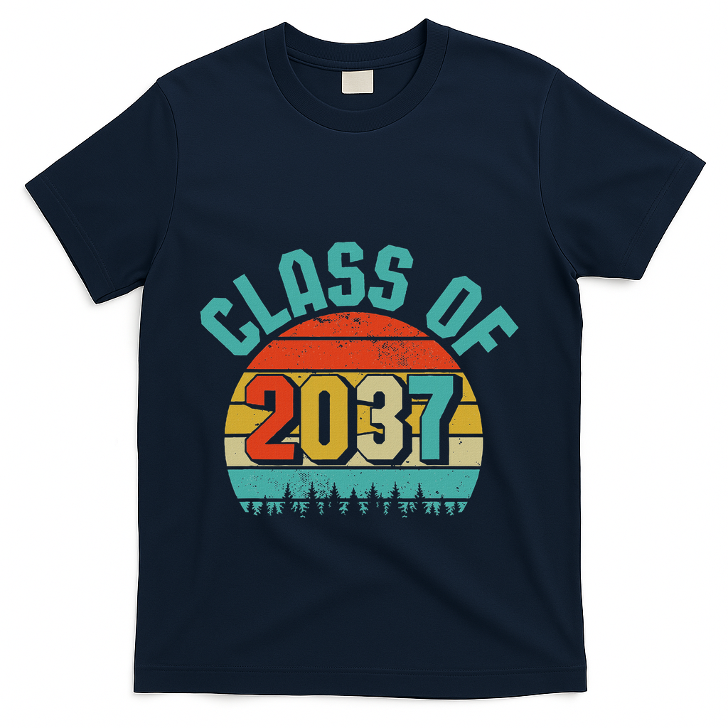 Class Of 2037 Grow With Me Kindergarten To Graduation Retro T-Shirt - Navy