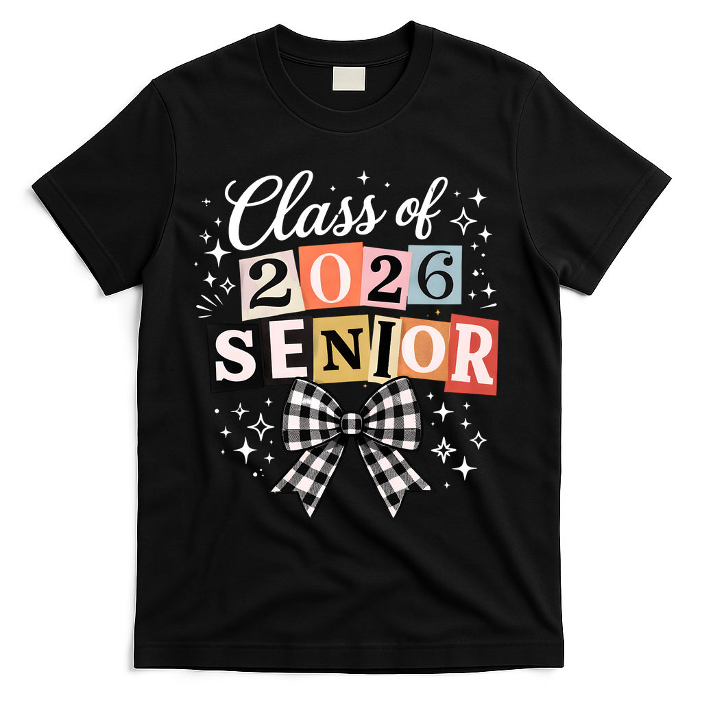 Class Of 2026 Senior Plaid Bow T-Shirt - Black