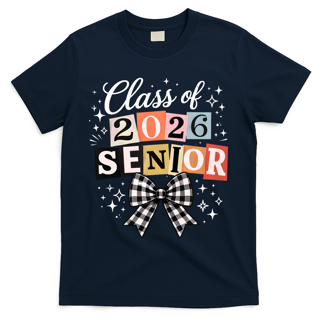 Class Of 2026 Senior Plaid Bow T-Shirt - Navy