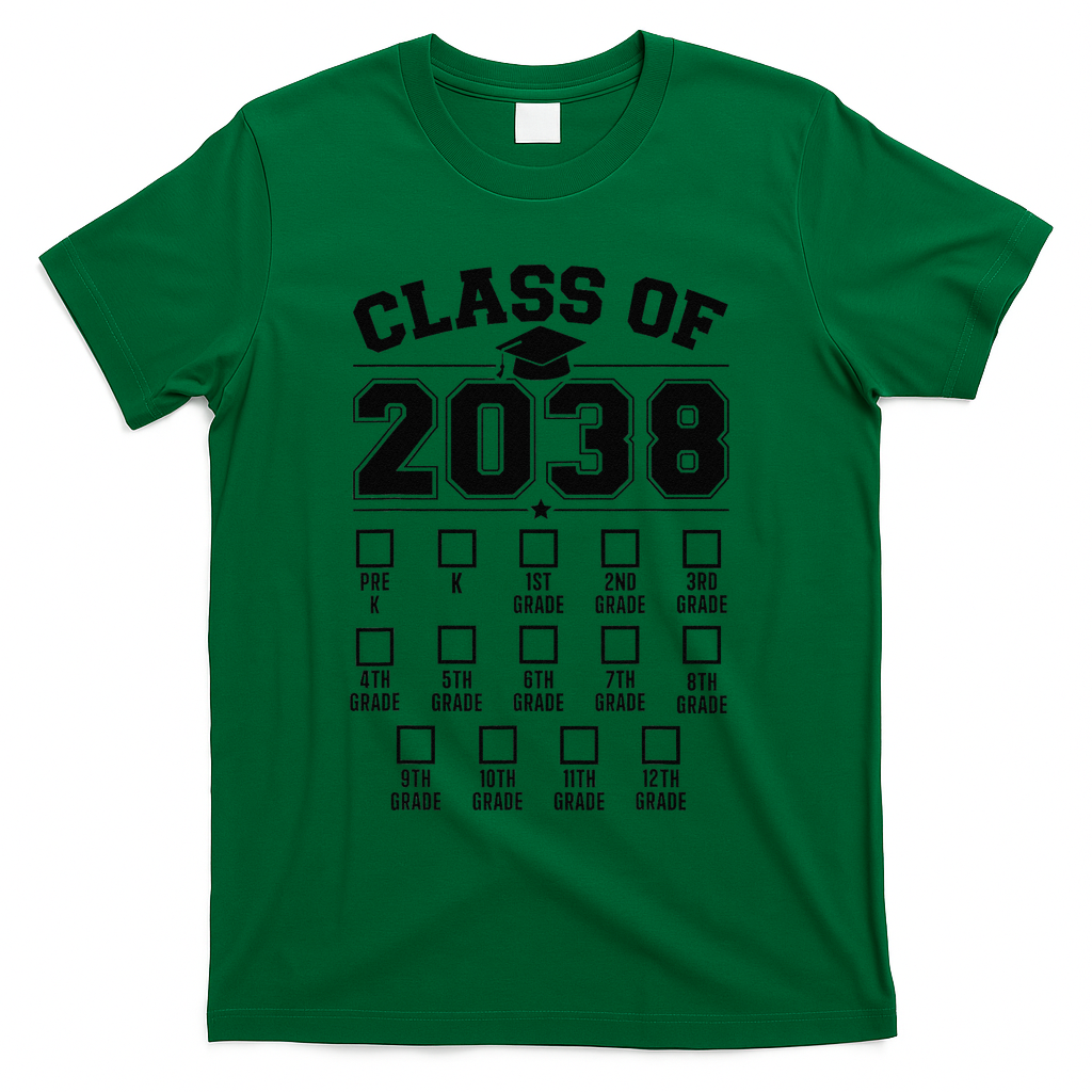 Class Of 2038 Grow With Me Checklist Prek To 12th Grade Gift T-Shirt - Green