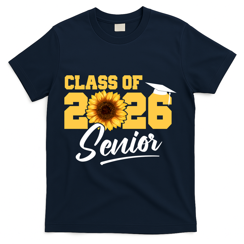 Class Of 2026 Senior Sunflower Last First Day Graduation T-Shirt - Navy