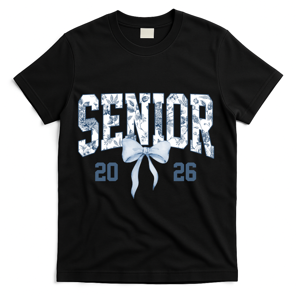 Class Of 2026 Senior Coquette Bow Blue Toile Floral T-Shirt - Black