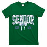 Class Of 2026 Senior Coquette Bow Blue Toile Floral T-Shirt - Green