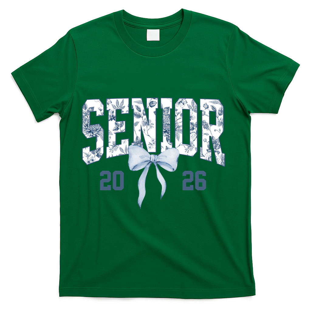 Class Of 2026 Senior Coquette Bow Blue Toile Floral T-Shirt - Green