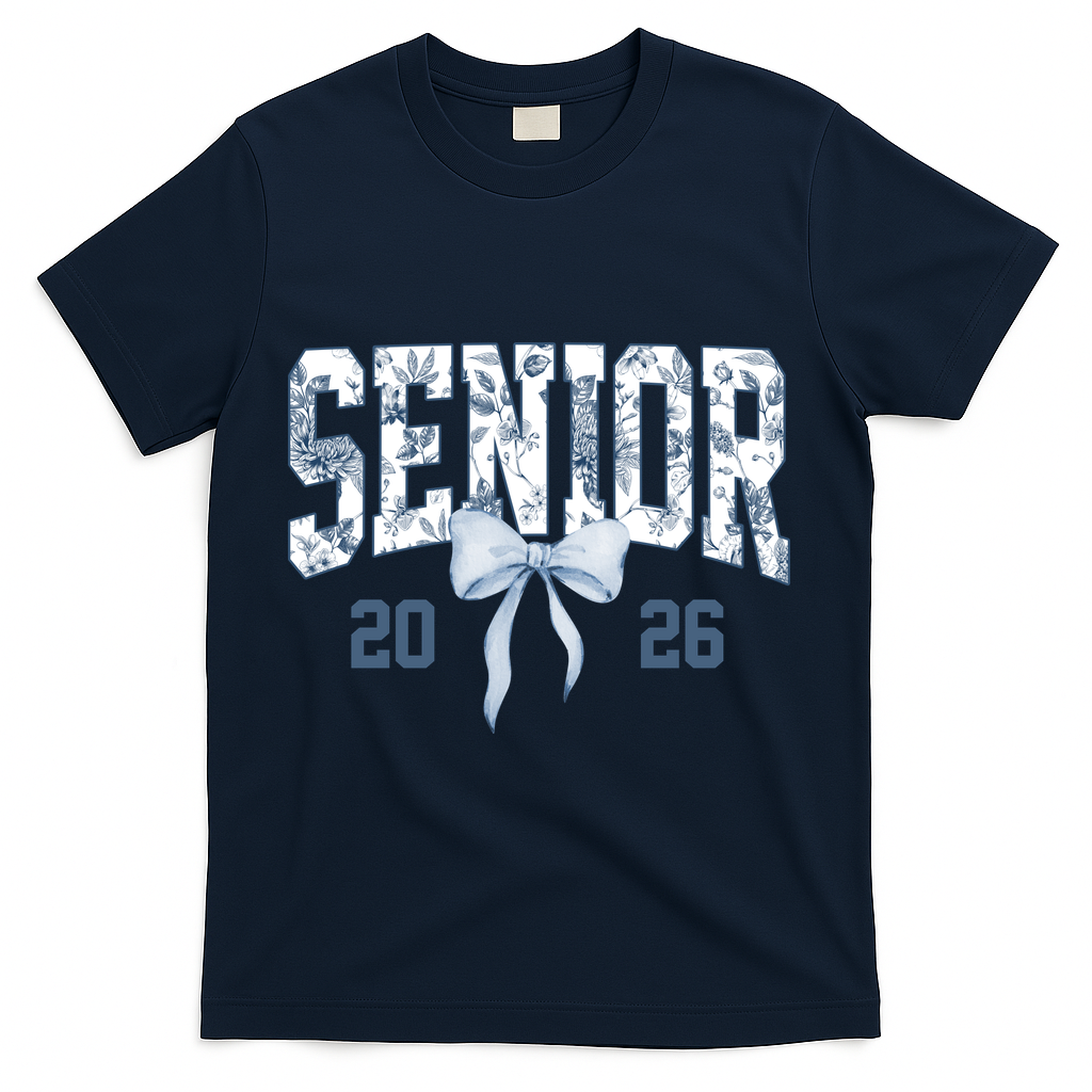 Class Of 2026 Senior Coquette Bow Blue Toile Floral T-Shirt - Navy