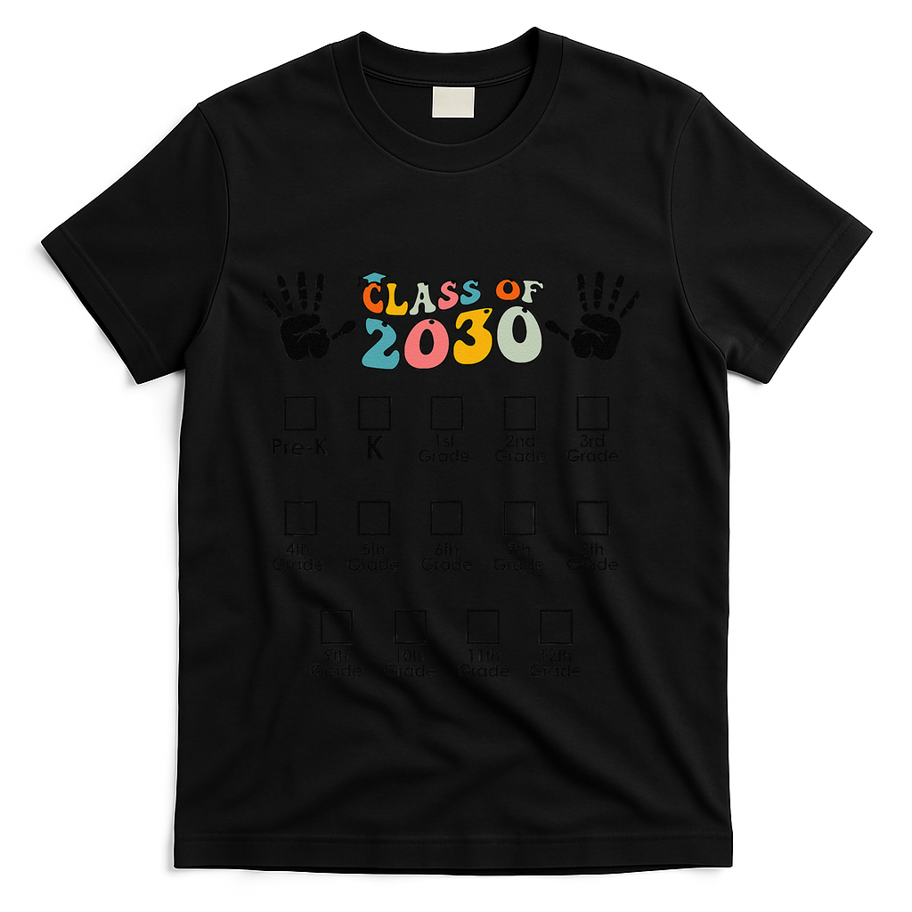 Class Of 2030 Grow With Me Checklist Prek 12th Retro K12 T-Shirt - Black