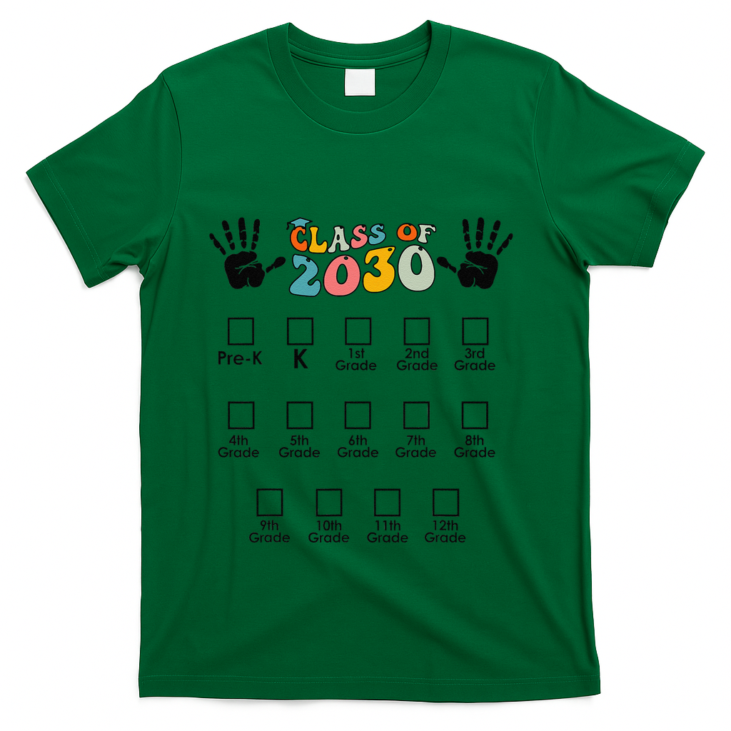 Class Of 2030 Grow With Me Checklist Prek 12th Retro K12 T-Shirt - Green
