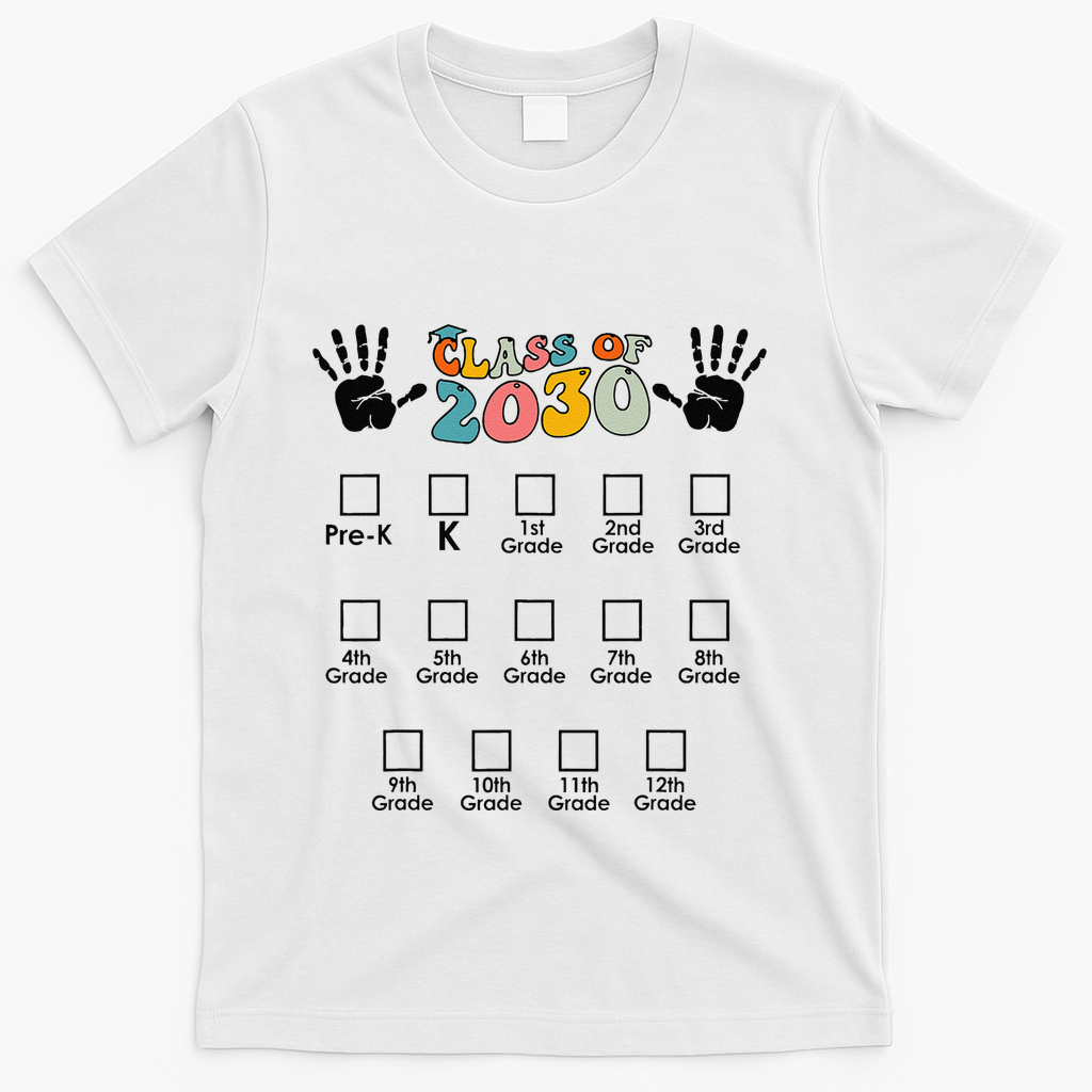 Class Of 2030 Grow With Me Checklist Prek 12th Retro K12 T-Shirt - White
