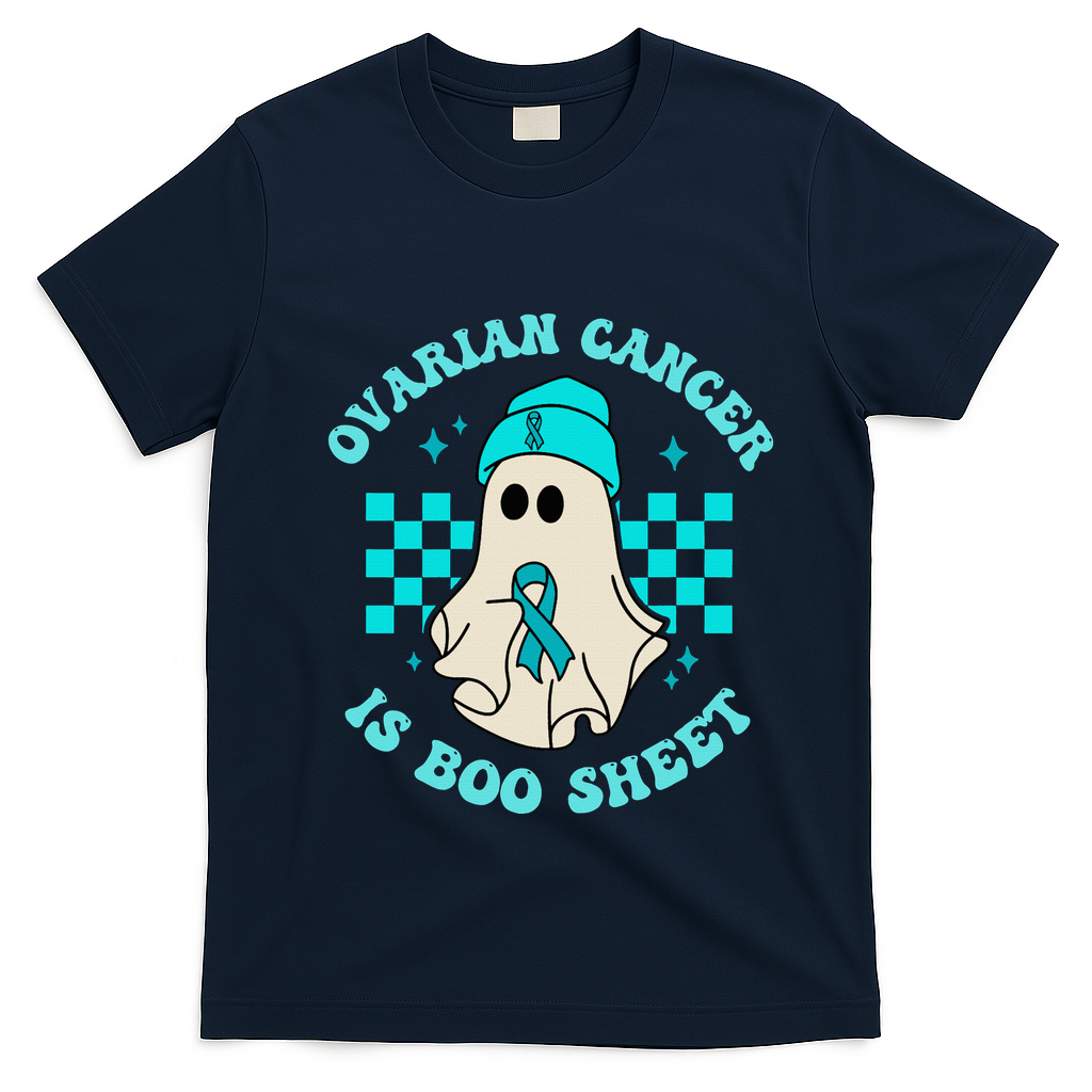Cute Ovarian Cancer Is Boo Sheet Halloween Ghost Teal Ribbon T-Shirt - Navy Blue