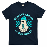 Cute Ovarian Cancer Is Boo Sheet Halloween Ghost Teal Ribbon T-Shirt - Navy Blue