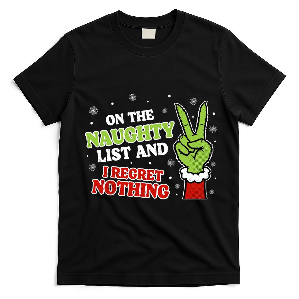 Christmas On Naughty List I Regret Nothing Xmas T-Shirt - Black