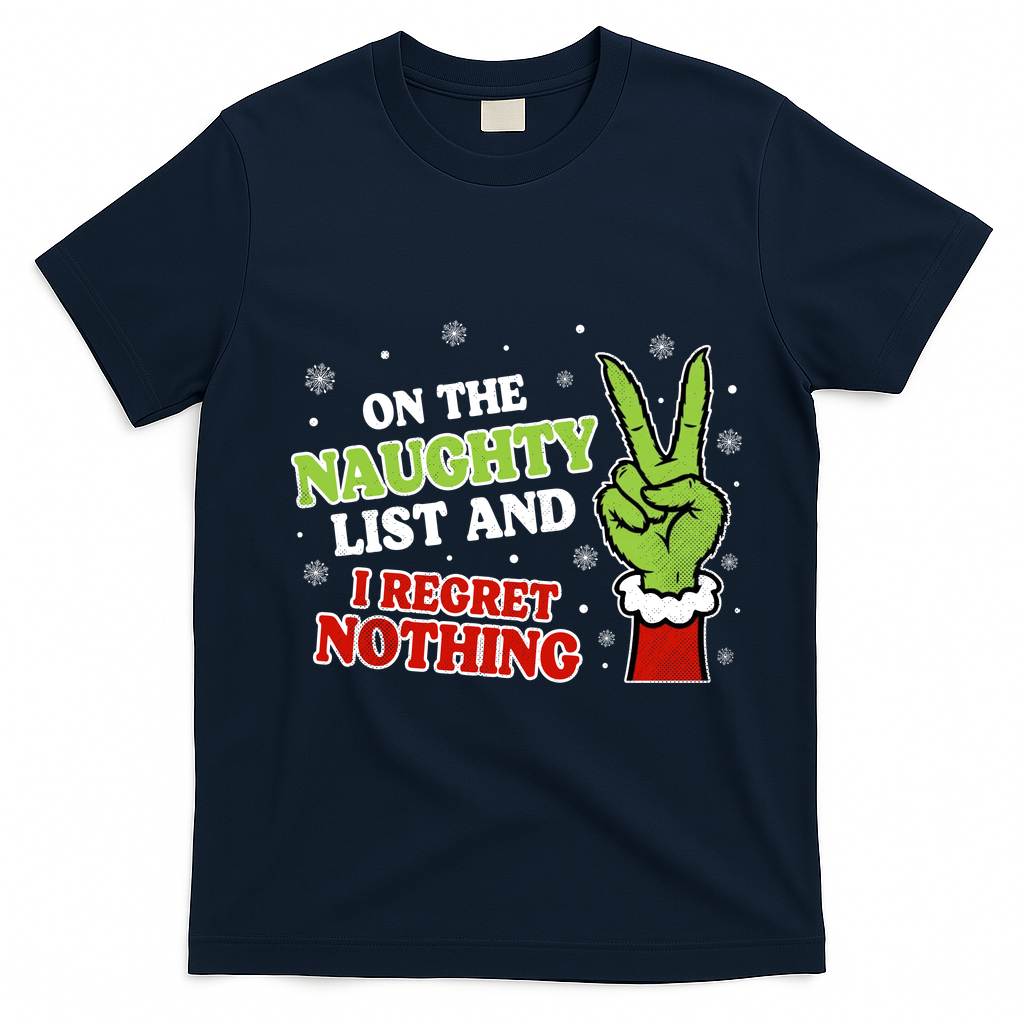 Christmas On Naughty List I Regret Nothing Xmas T-Shirt - Navy Blue