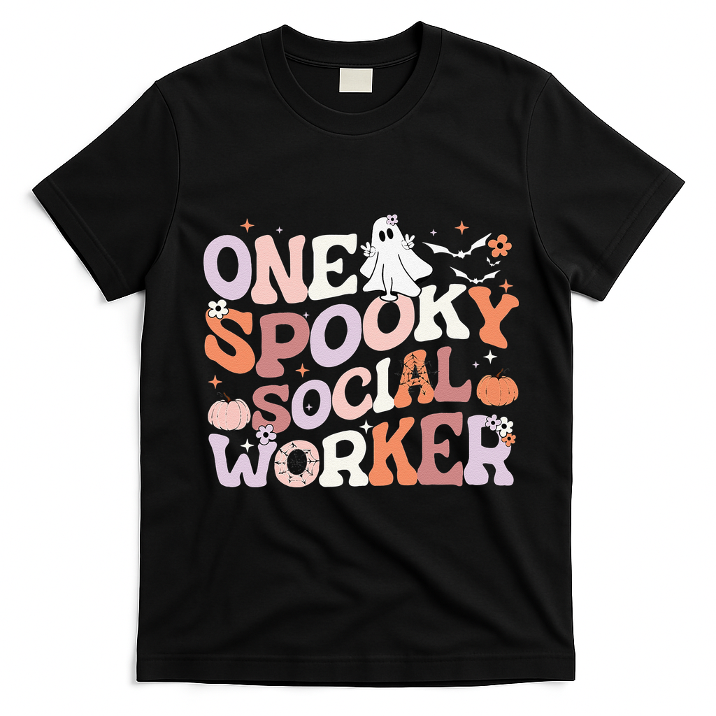 Cute One Spooky Social Worker Ghost Halloween T-Shirt - Black