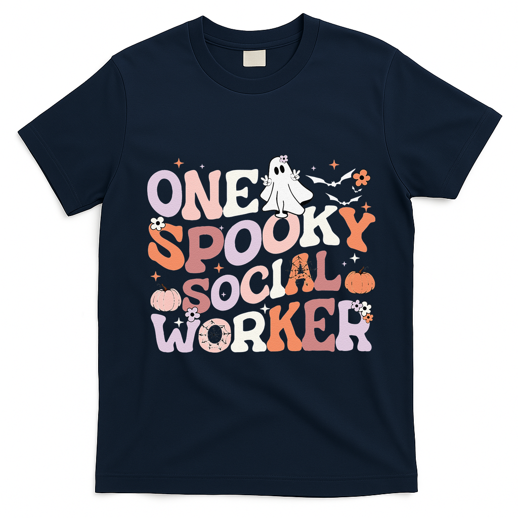 Cute One Spooky Social Worker Ghost Halloween T-Shirt - Navy Blue