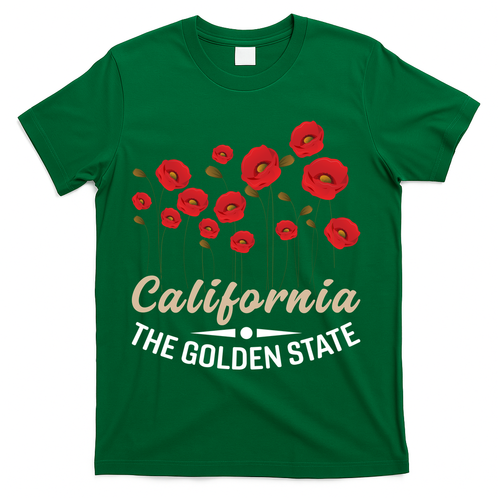 California Poppy Floral The Golden State T-Shirt - Green
