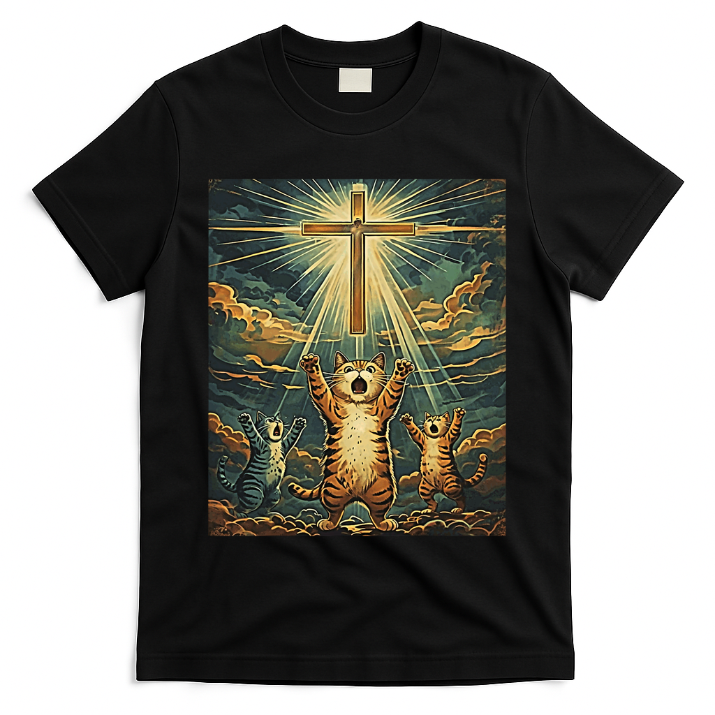 Cat Praying Jesus Cross Scared Cats Worship God Funny T-Shirt