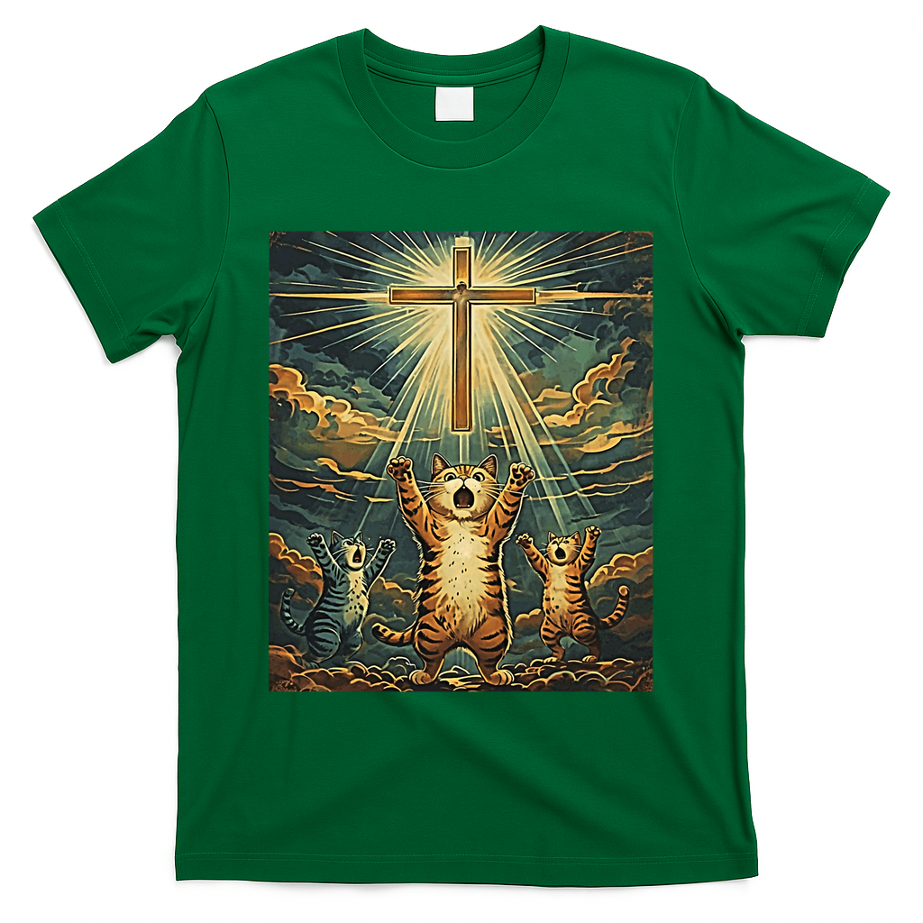 Cat Praying Jesus Cross Scared Cats Worship God Funny T-Shirt