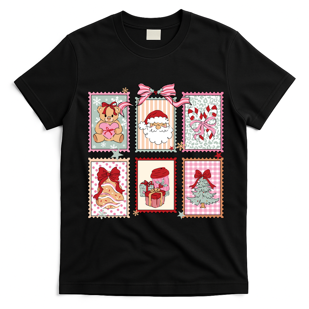 Christmas Postage Stamps Cute Retro T-Shirt - Black