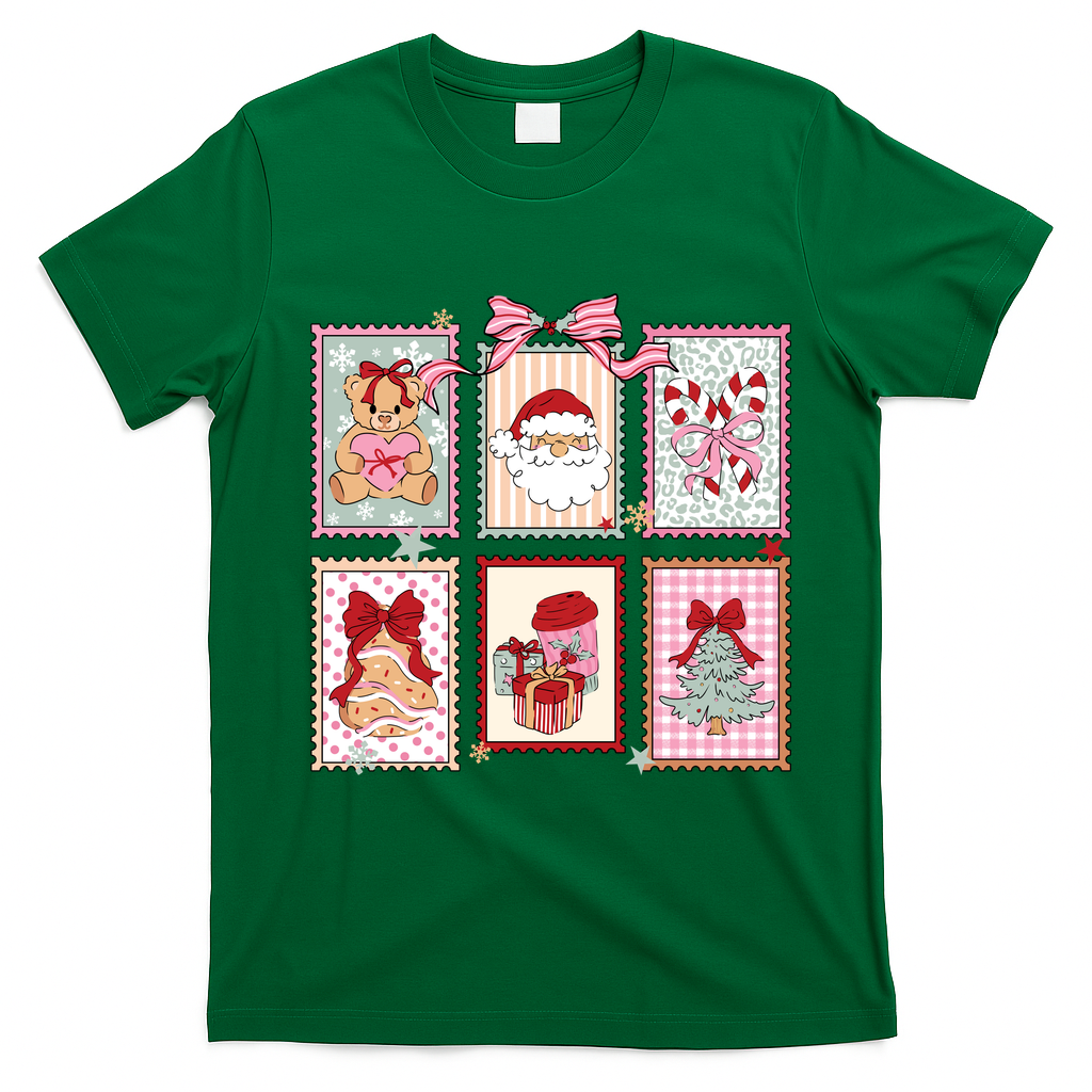 Christmas Postage Stamps Cute Retro T-Shirt - Irish Green