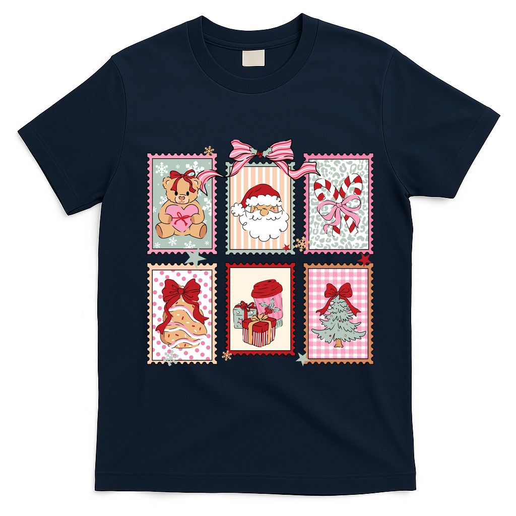 Christmas Postage Stamps Cute Retro T-Shirt - Navy Blue