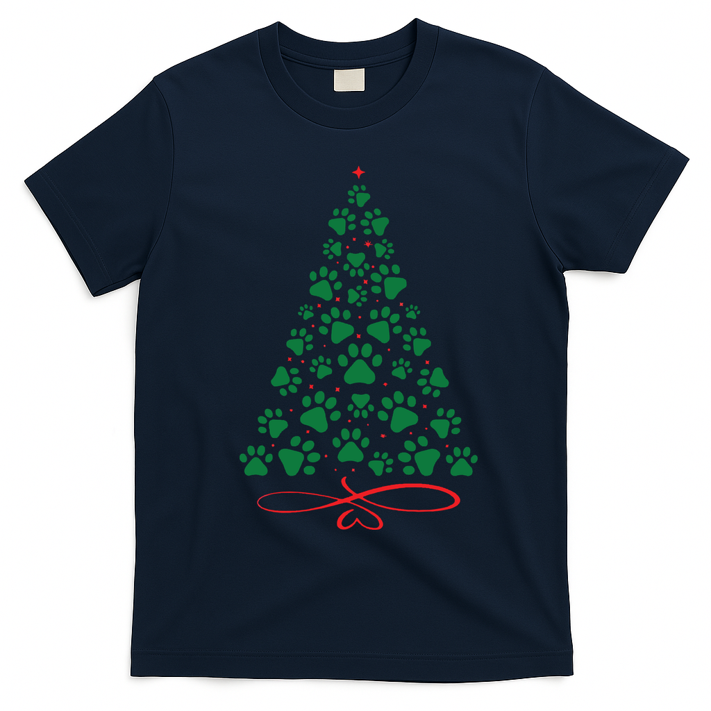 Christmas Paw Tree Christmas Dog Paw Christmas Tree T-Shirt - Navy Blue