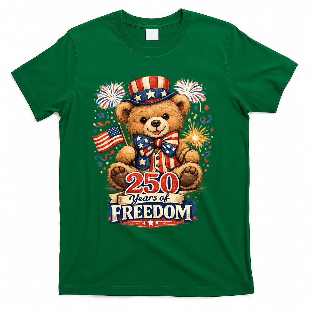Cute Patriotic Teddy Bear 250 Years Of Freedom 250th Anniversary Of America USA T-Shirt - Green