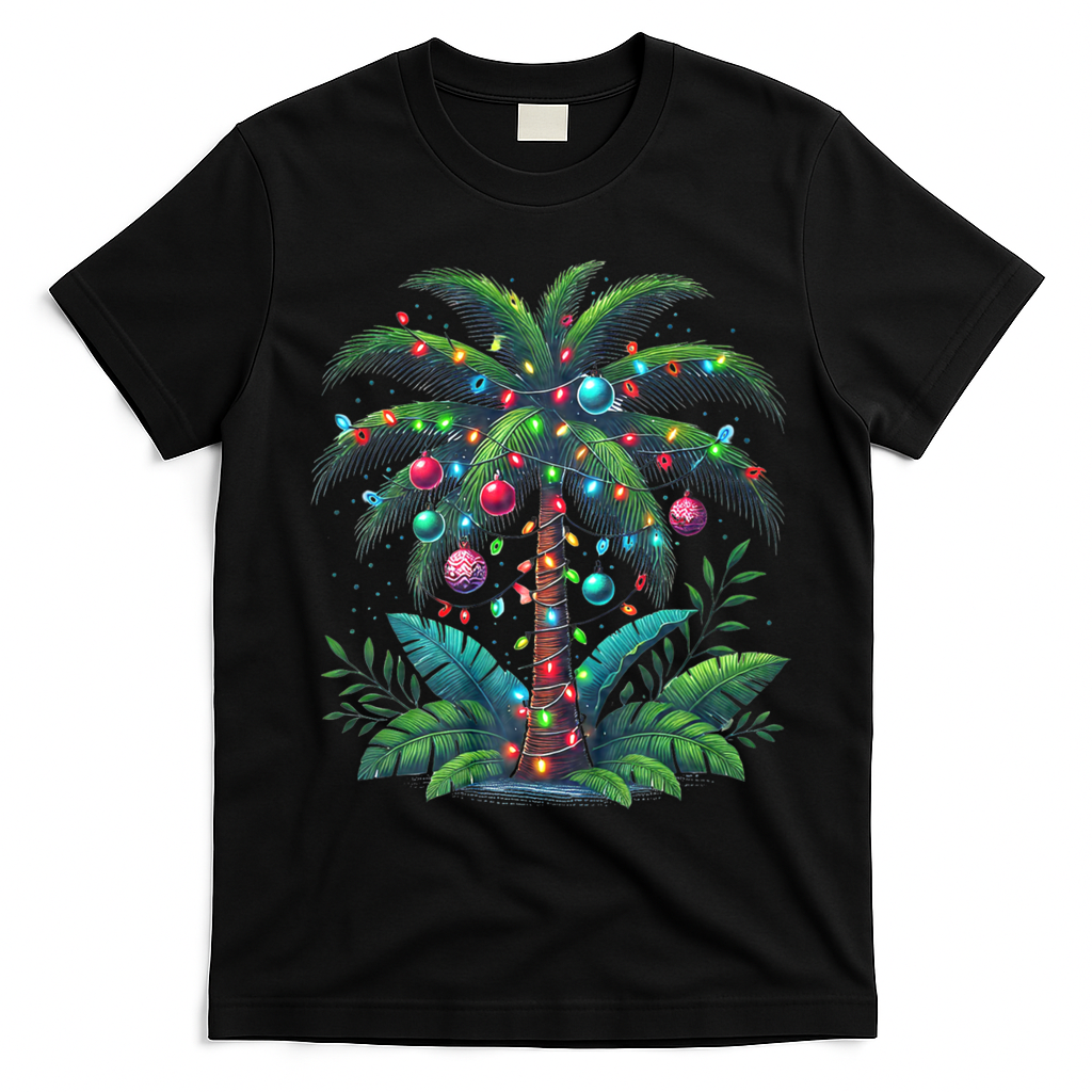 Christmas Palm Tree Merry Christmas Tropical Christmas T-Shirt - Black